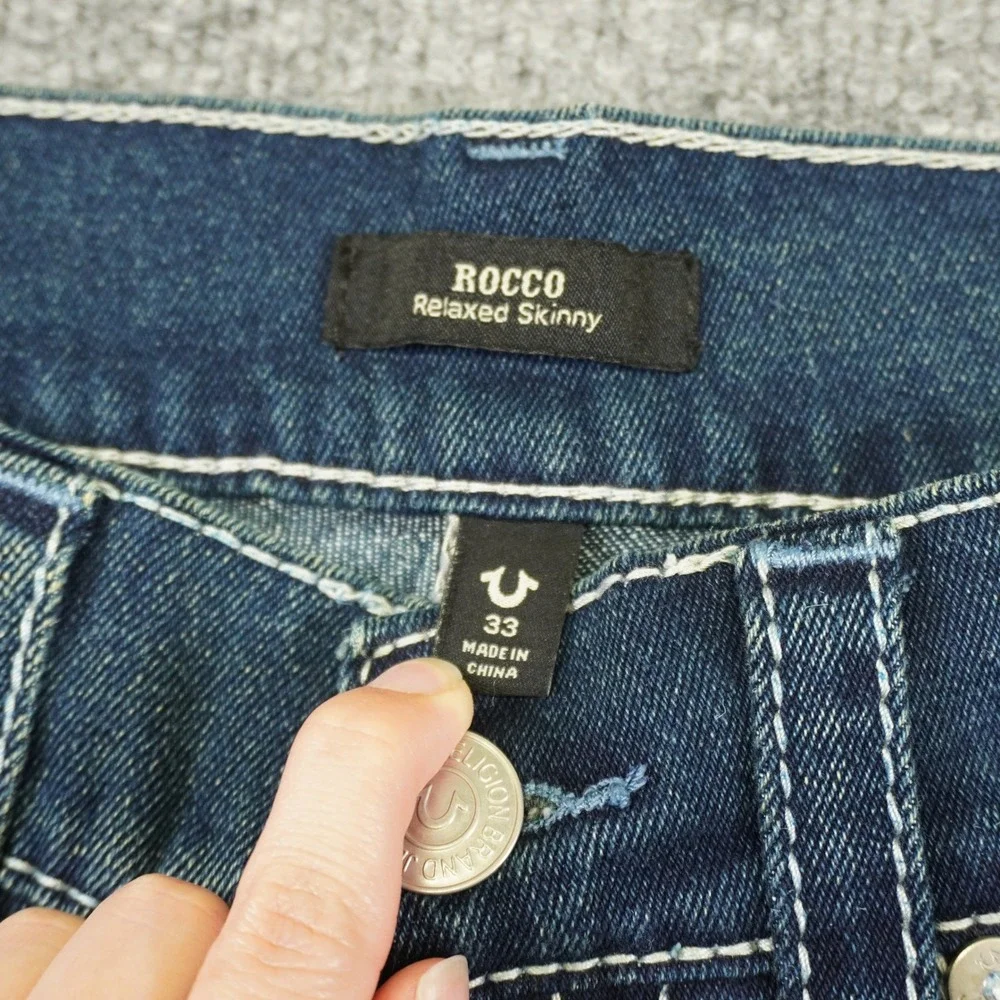 NEW True Religion Rocco Big T Flap Jeans Mens 33x32 Blue Dark Wash Skinny